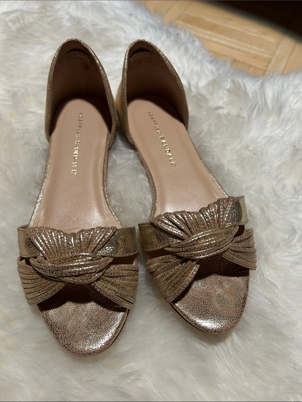 Loeffler Randall Metallic Gold D'Orsay Flats with Knotted Shell Accent